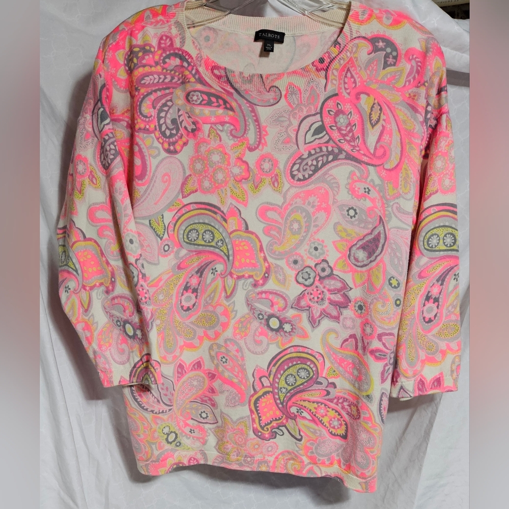 Talbots Womens XL Neon Pink Paisley Print Lightweight Sweater (Rd3)